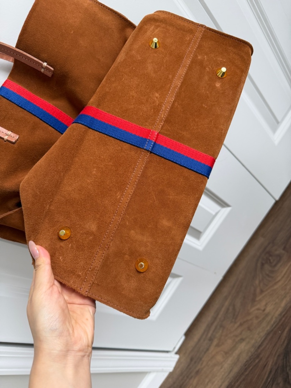 Clare V Brown Suede Tote Bag with Red & Blue Stripe - Men - Picture 4 of 4